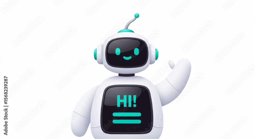 Poster illustration of a friendly white robot with a screen displaying hi and waving its arm in greeting