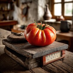 Large beefsteak tomato on vintage wooden scale in warm kitchen setting