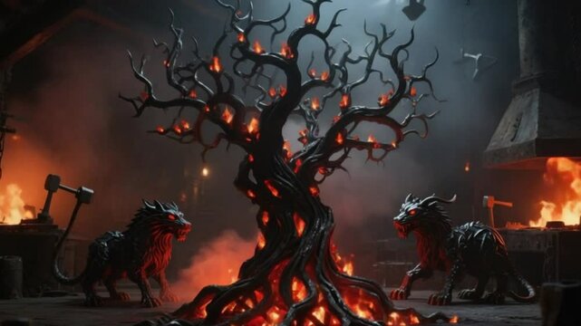 Fiery demonic tree with glowing embers and menacing mythical beasts guarding a dark forge with molten metal and industrial machinery creating an atmosphere of ancient power and