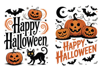 Happy Halloween designs featuring a black cat perched on a pumpkin, and pumpkins grouped under a crescent moon