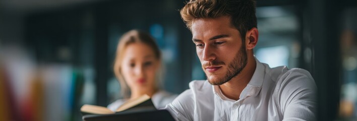 A man is reading a book while a woman looks on