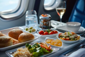 Tray with delicious food and drinks serving on the airplane during flight