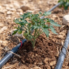Single tomato plant growing in mulched soil with drip irrigation in natural surroundings