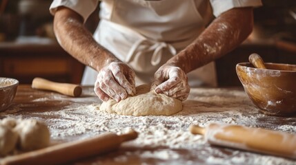A baker in a white apron kneads dough on a floured wooden counter surrounded by rolling pins and mixing bowls