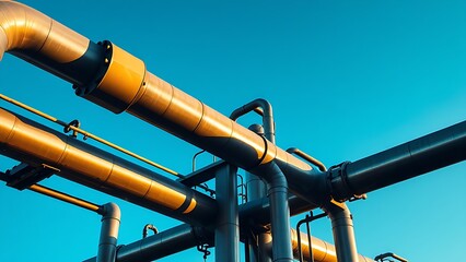 An abstract composition of industrial pipelines under a blue sky, bathed in morning light.