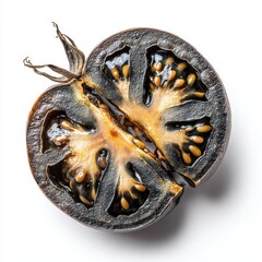Sliced black krim tomato revealing dark flesh and seeds against a white background