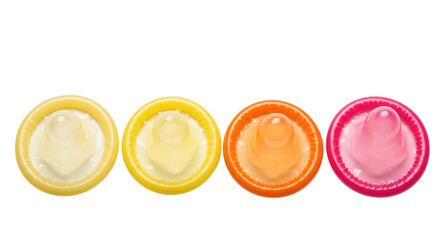 Four colorful condoms isolated on transparent background