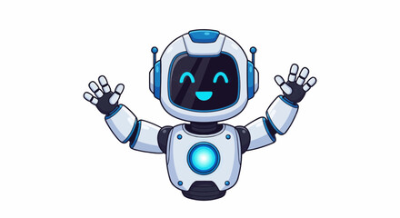 Illustration of a friendly white robot with blue accents waving its hands in a welcoming gesture