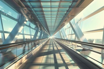 Empty modern glass corridor leading to bright light at end of tunnel