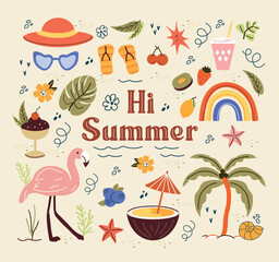 trendy, tropical fruits, desserts, summer elements. naive, summer set, isolated elements on a white background. minimalist, childish, naive style. for print, banners, social networks, business art