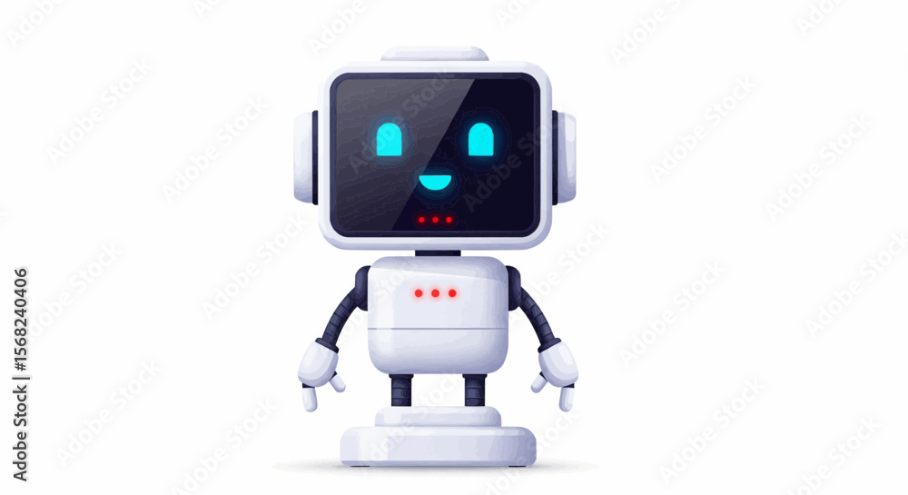 Poster a cute white robot with a square head and a smiling face on the screen is standing upright
