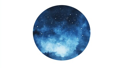 Dark blue hand drawn watercolor night sky with stars Circle shape Monochrome watercolour cosmic