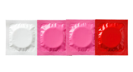 Four condoms in colorful wrappers isolated on transparent background