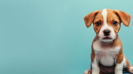 A cute brown and white puppy with soulful eyes sits against a plain aqua background