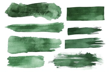 Dark green watercolor vector brush stroke shapes set Uneven wide lines