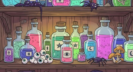 Colorful bottles of potions and ingredients on wooden shelves, filled with mystical elements.