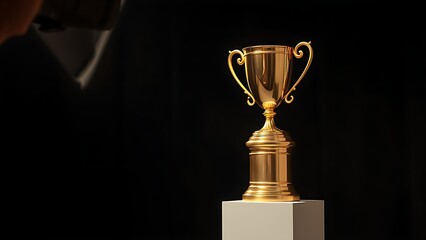 Golden trophy displayed elegantly on a pedestal against a dark backdrop.
