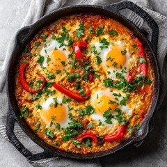 Enjoying traditional Turkish menemen in a cast iron pan with eggs, tomatoes, and peppers overhead