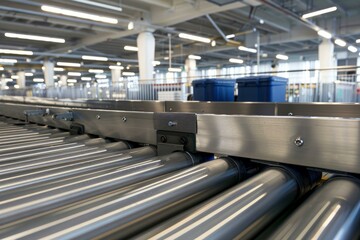 Obraz premium Empty metal rollers forming a conveyor belt in a distribution warehouse, illustrating the concept of logistics and supply chain management