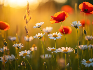 Naklejka premium field of poppy flowers flowers, floral, realistic, bouquet, petals, nature, close up, bloom, garden, botanical, soft focus, spring, natural, macro, vibrant, romantic, beautiful, color, floral