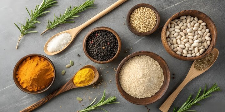 Assortment of Spices Herbs and Beans in Wooden Bowls and Spoons