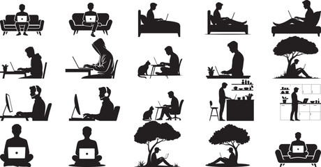 People working on laptops in various settings silhouette