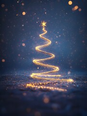 Obraz premium Photo of a glowing Christmas tree adorned with golden lights, stars, and festive holiday cheer
