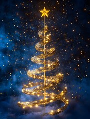 Obraz premium Photo of a glowing Christmas tree adorned with golden lights, stars, and festive holiday cheer