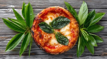 Wood-fired Margherita pizza served on a rustic wooden table with fresh basil leaves