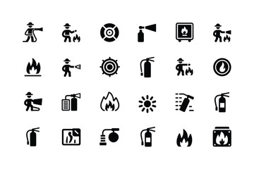 Fototapeta premium Firefighter extinguishing flames with hose and fire extinguisher symbols safety