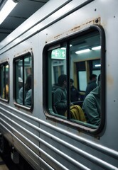 Fototapeta premium Train Car Interior and Exterior with Passengers Visible Through Windows