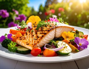 Grilled salmon with colorful vegetables
