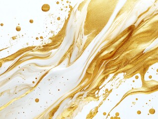 Gold paint liquid stains rectangle marble texture White backdrop Chaotic golden foil swirls