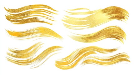 Gold paint wavy long brush strokes vector set