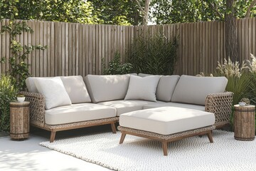 Beautiful outdoor wicker corner sofa set with beige cushions, wooden legs, ottoman, two side tables on white carpet, natural lighting and detailed textures