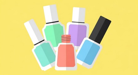 Five nail polish bottles in various pastel colors are arranged against a yellow background.
