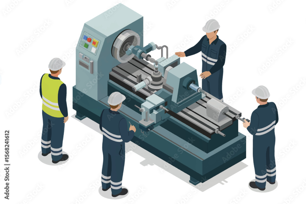 Poster team of industrial workers in uniform and hard hats operating and monitoring a complex manufacturing