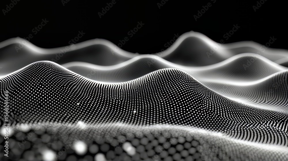 Poster black and white image of a wave with a lot of dots. the image has a futuristic and abstract feel to 