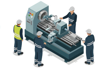 Team of industrial workers in uniform and hard hats operating and monitoring a complex manufacturing machine in a factory setting isolated on white background