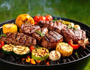 Grilled steak and vegetables on a barbecue