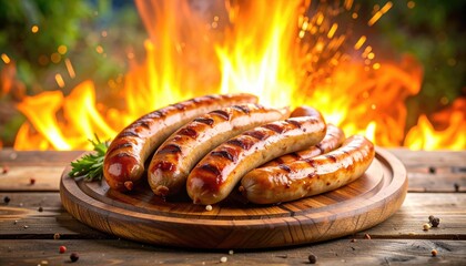 Grilled sausages on wooden board near fire