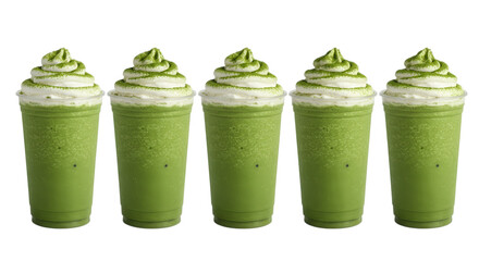 Five green matcha drinks with whipped cream isolated on transparent background © enamulhaque200
