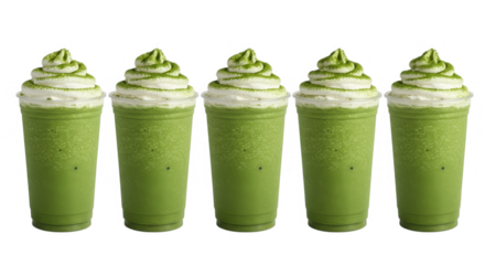 Five green matcha drinks with whipped cream isolated on transparent background