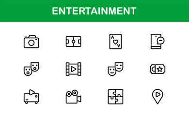 Professional Entertainment Icons Pack with Minimal Line Art Featuring Media, Music, Cinema, and Gaming
