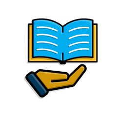 education icon. book in hand. open book with writing inside. smart. isometric design style