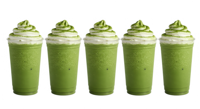 Five green matcha drinks with whipped cream isolated on transparent background