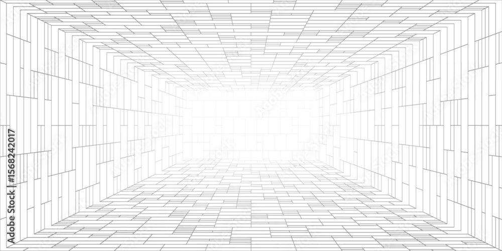 Poster 3d grid room with wireframe box pattern and cube shapes for digital background and space. futuristic