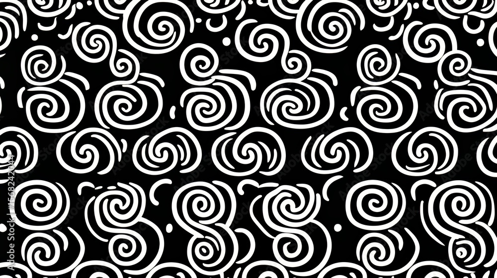 Poster black and white image of swirls and circles. the image is abstract and has a sense of movement and f