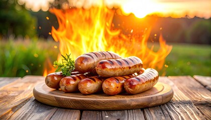 Grilled sausages on wooden board, sunset background