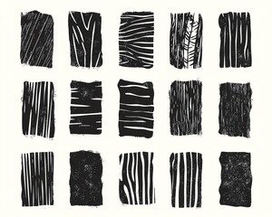 Hand printed linocut vector relief printing rectangle shapes banners wide stripes rough textures collection Paint roller stains lino ink grunge text box templates Artistic textured